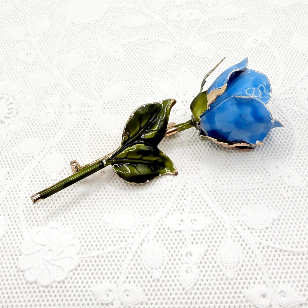 Vintage Retro Hippie Mod 70s Blue Rose Enamel Metal Flower Pin Brooch